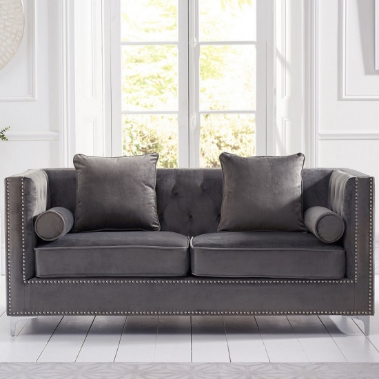 Mulberry Modern Fabric 3 Seater Sofa In Grey Velvet FiF