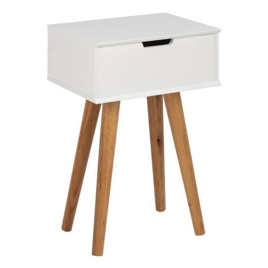 Product photograph of Mulvane Wooden 1 Drawer Bedside Table In White With Oak Legs from Furniture in Fashion