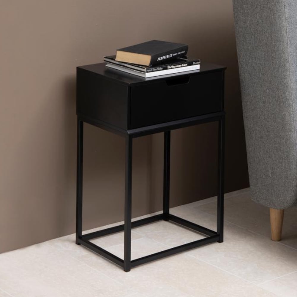 Mulvane Wooden Bedside Cabinet With 1 Drawer In Black