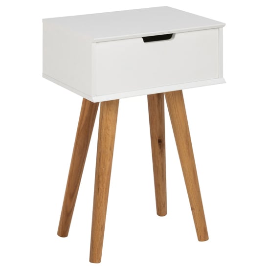 Read more about Mulvane wooden bedside table with oak legs in white
