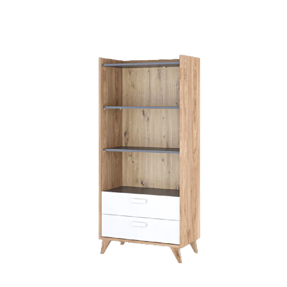 Muncie Wooden Bookcase With 2 Drawers In White And Oak