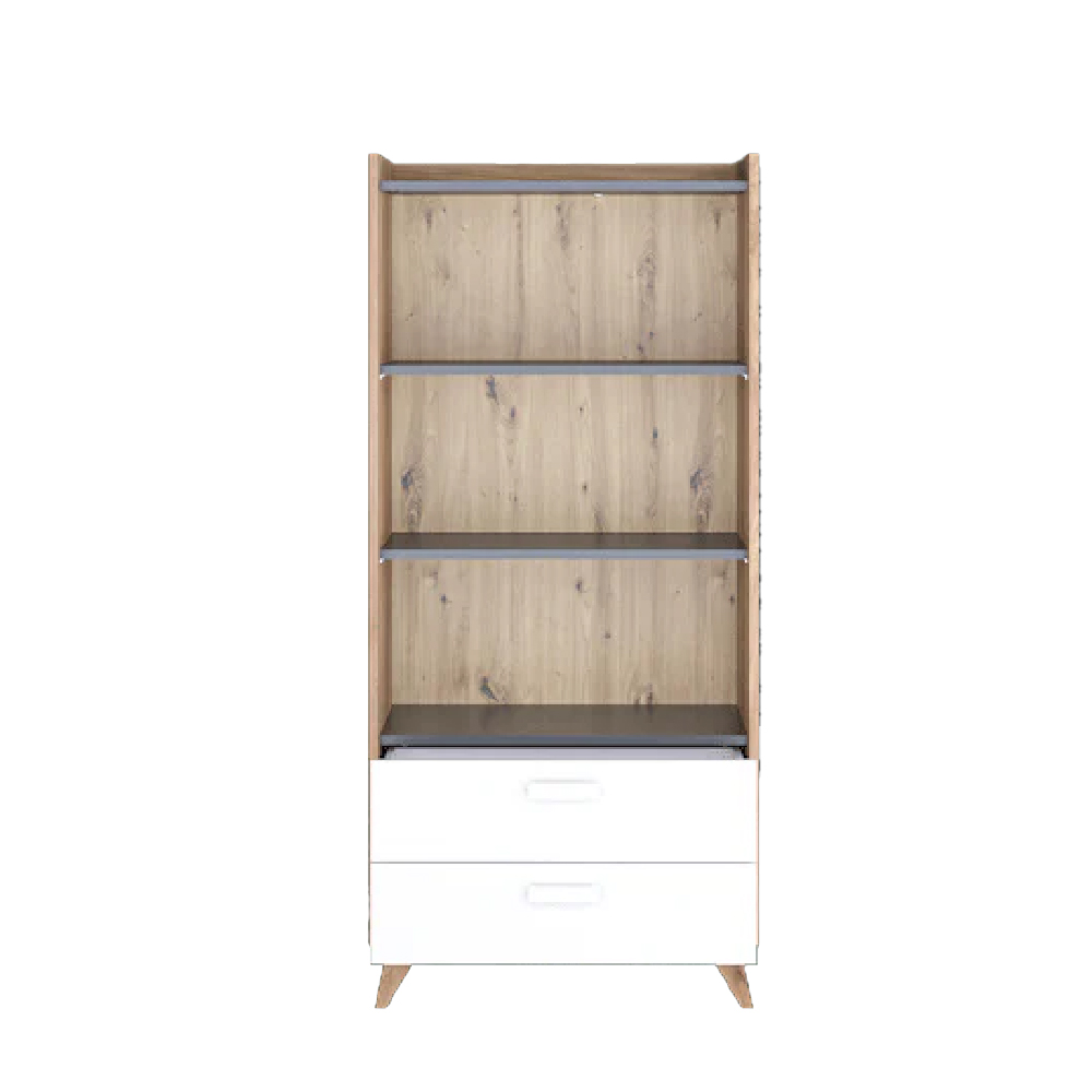 Muncie Wooden Bookcase With 2 Drawers In White And Oak