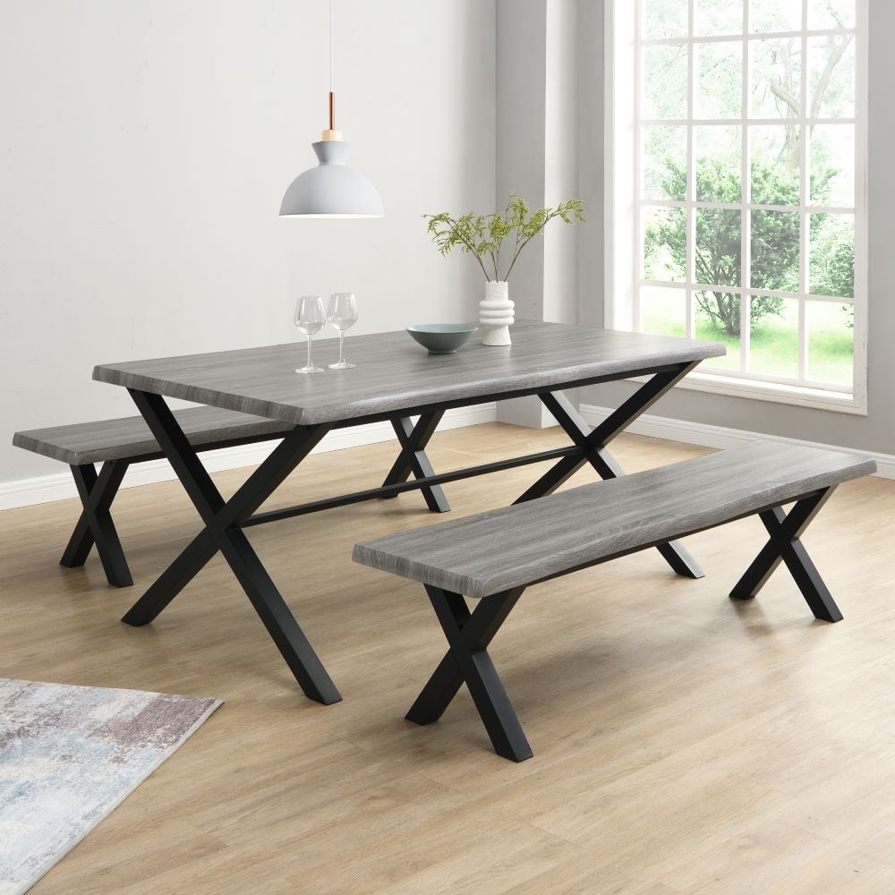 munich wooden dining table with 2 dining benches in grey oak