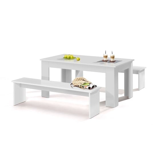 Munich Dining Table In White With 2 Dining Benches Furniture In