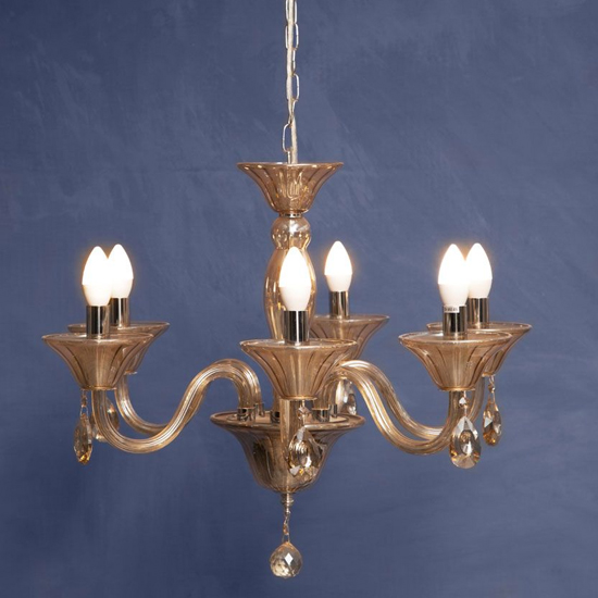 Product photograph of Murato 6 Bulb Cognac Crystal Chandelier Light Carved In Chrome from Furniture in Fashion