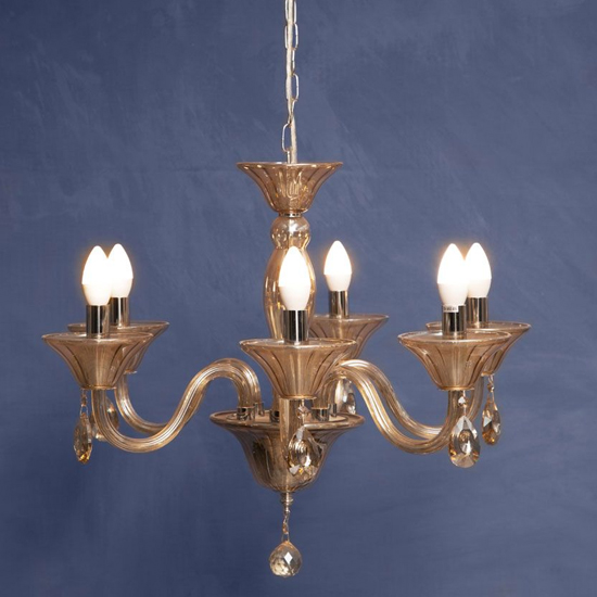 Photo of Murato 6 bulb cognac crystal chandelier light carved in chrome