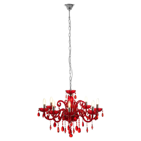 Product photograph of Murato 8 Bulb Cognac Crystal Chandelier Light In Red And Chrome from Furniture in Fashion
