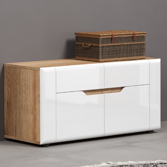 Product photograph of Murcia High Gloss Hallway Storage Bench In White And Evoke Oak from Furniture in Fashion