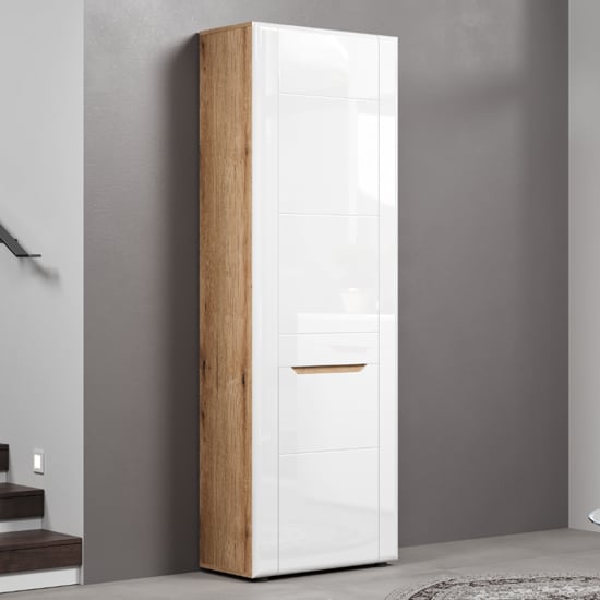 Product photograph of Murcia High Gloss Wardrobe With 1 Door In White And Evoke Oak from Furniture in Fashion