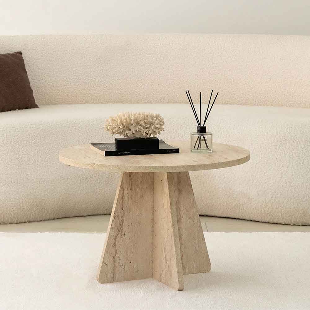 Mushroom Round Wooden Coffee Table in Travertine Marble Effect