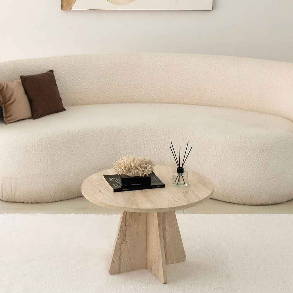 Mushroom Round Wooden Coffee Table in Travertine Marble Effect