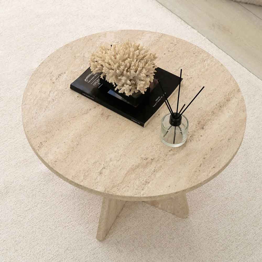 Mushroom Round Wooden Coffee Table in Travertine Marble Effect