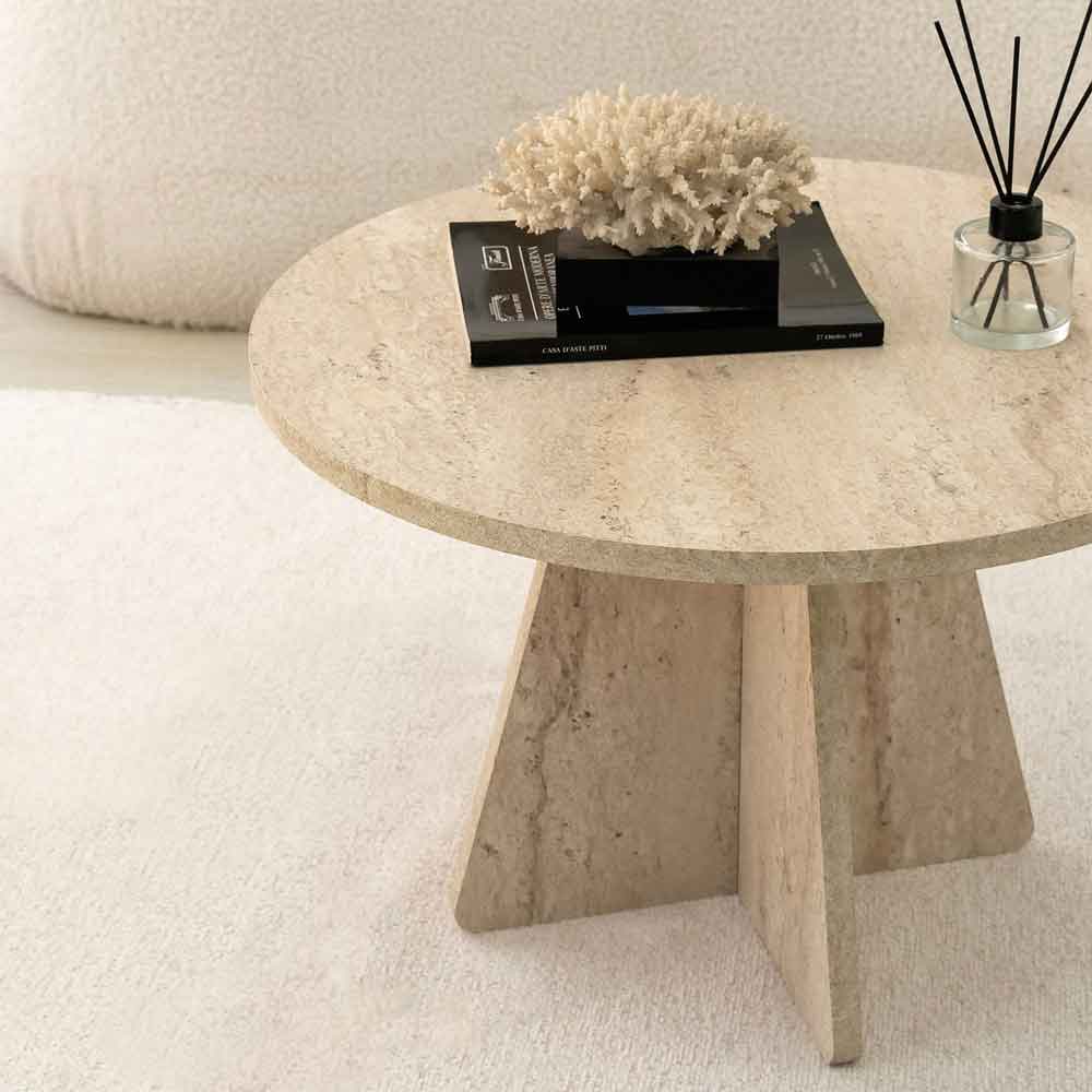 Mushroom Round Wooden Coffee Table in Travertine Marble Effect