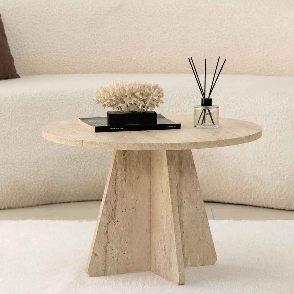 Mushroom Round Wooden Coffee Table in Travertine Marble Effect