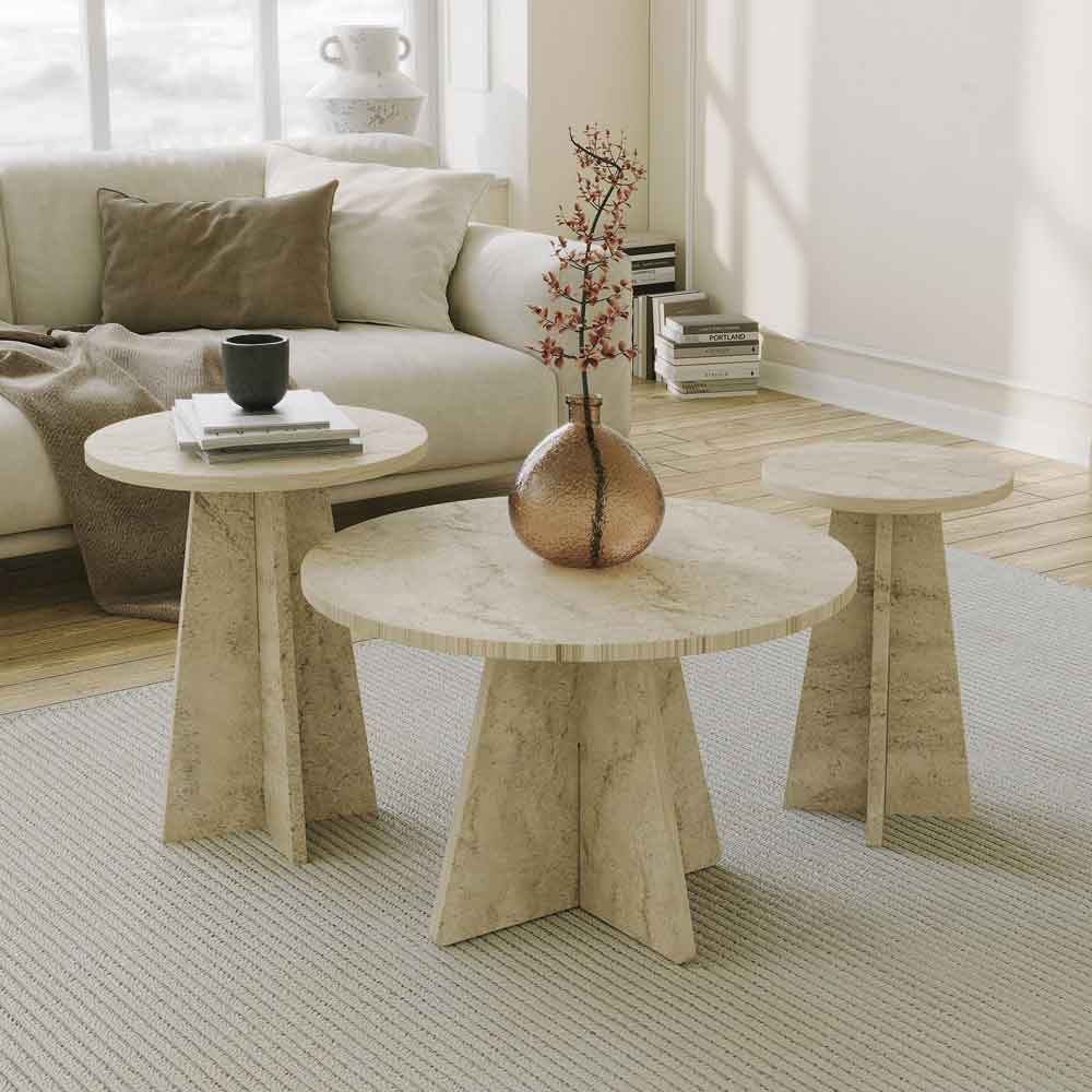 Mushroom Round Wooden Nesting Coffee Table in Travertine Marble Effect