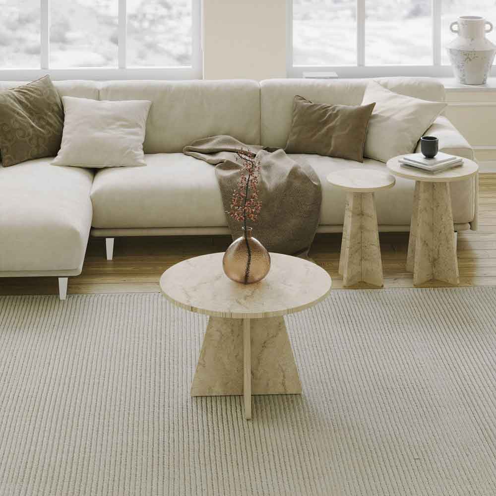 Mushroom Round Wooden Nesting Coffee Table in Travertine Marble Effect
