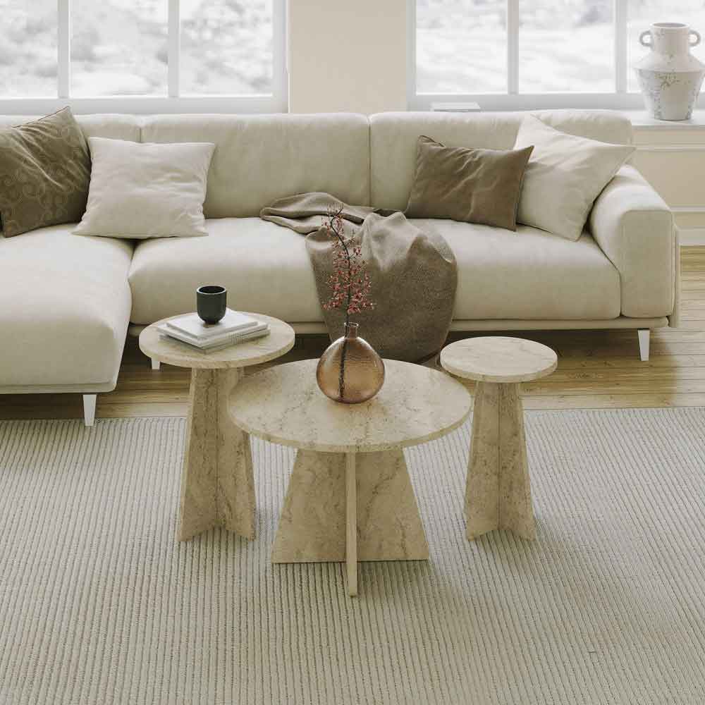Mushroom Round Wooden Nesting Coffee Table in Travertine Marble Effect