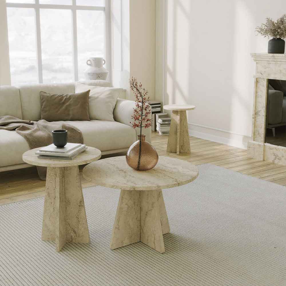 Mushroom Round Wooden Nesting Coffee Table in Travertine Marble Effect