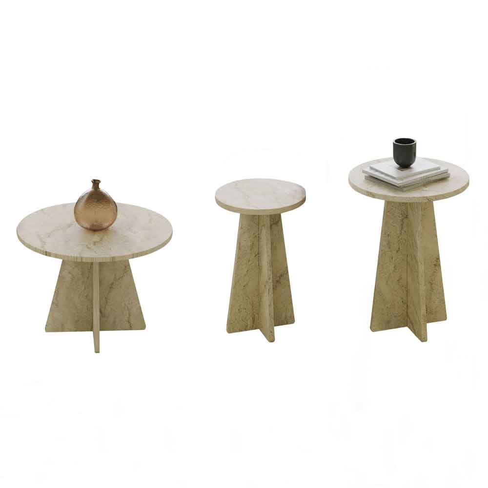 Mushroom Round Wooden Nesting Coffee Table in Travertine Marble Effect