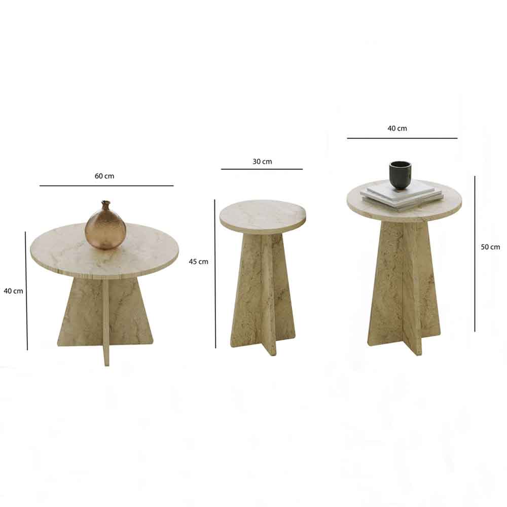 Mushroom Round Wooden Nesting Coffee Table in Travertine Marble Effect