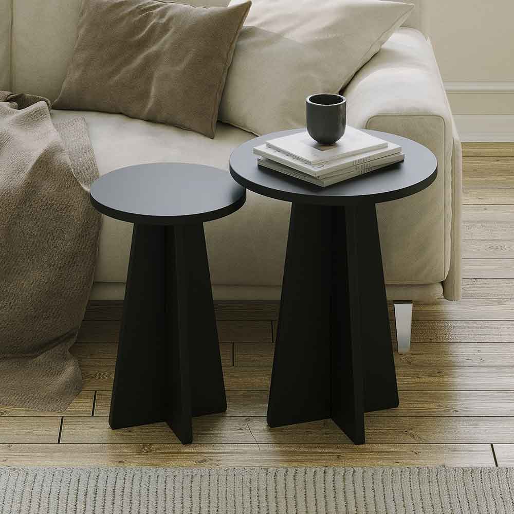 Mushroom Round Wooden Nesting Side Tables in Black