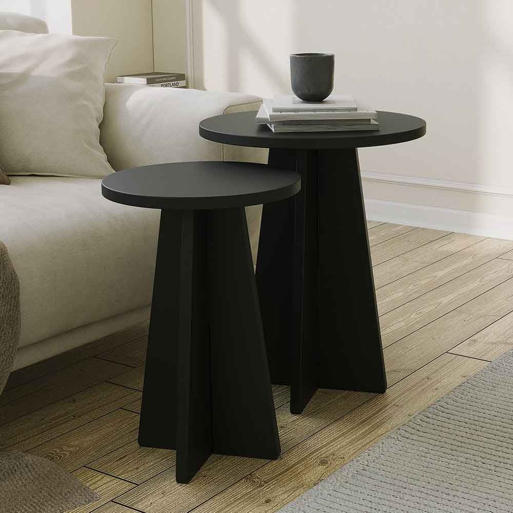 Mushroom Round Wooden Nesting Side Tables in Black