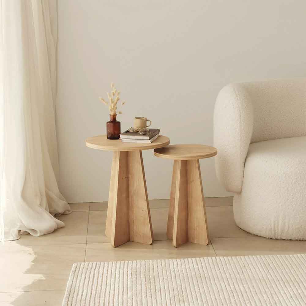 Mushroom Round Wooden Nesting Side Tables in Sapphire Oak
