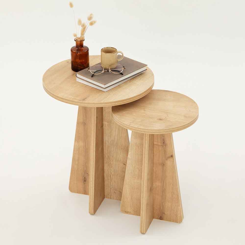 Mushroom Round Wooden Nesting Side Tables in Sapphire Oak
