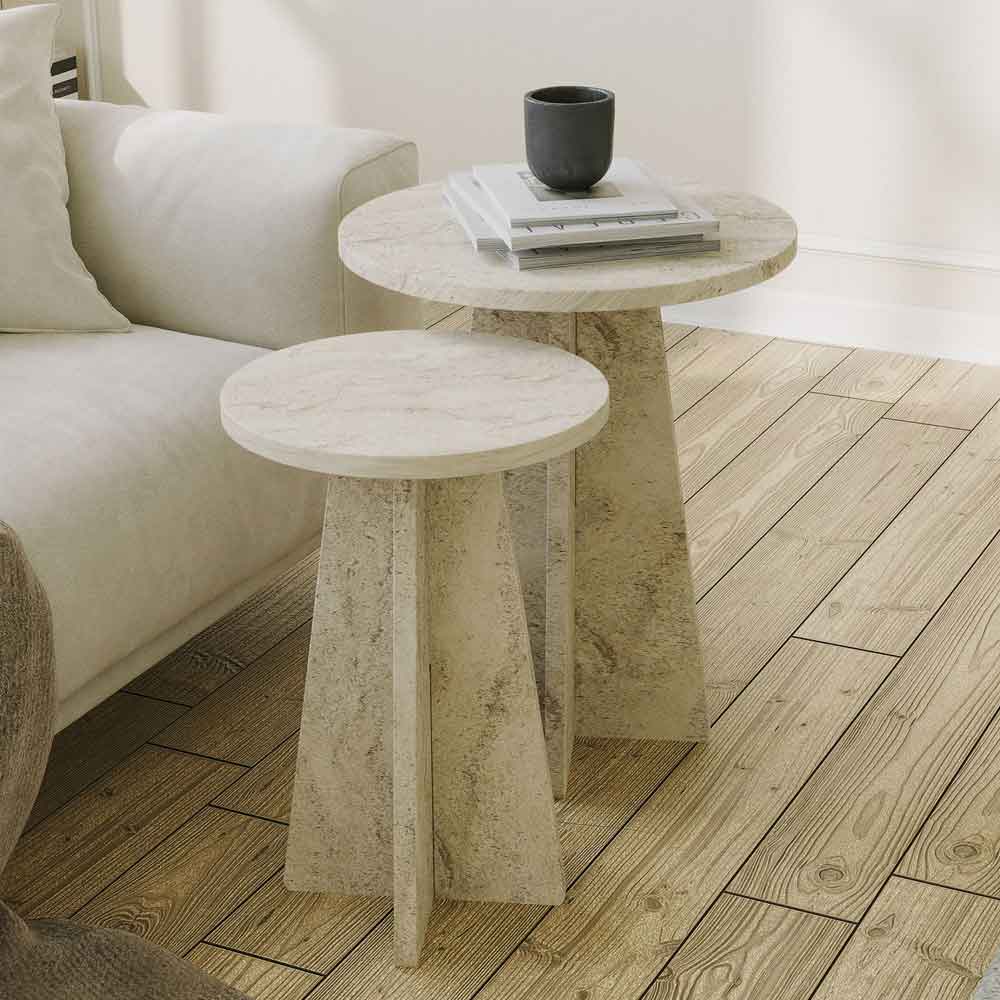 Mushroom Round Wooden Nesting Side Tables in Travertine Marble Effect