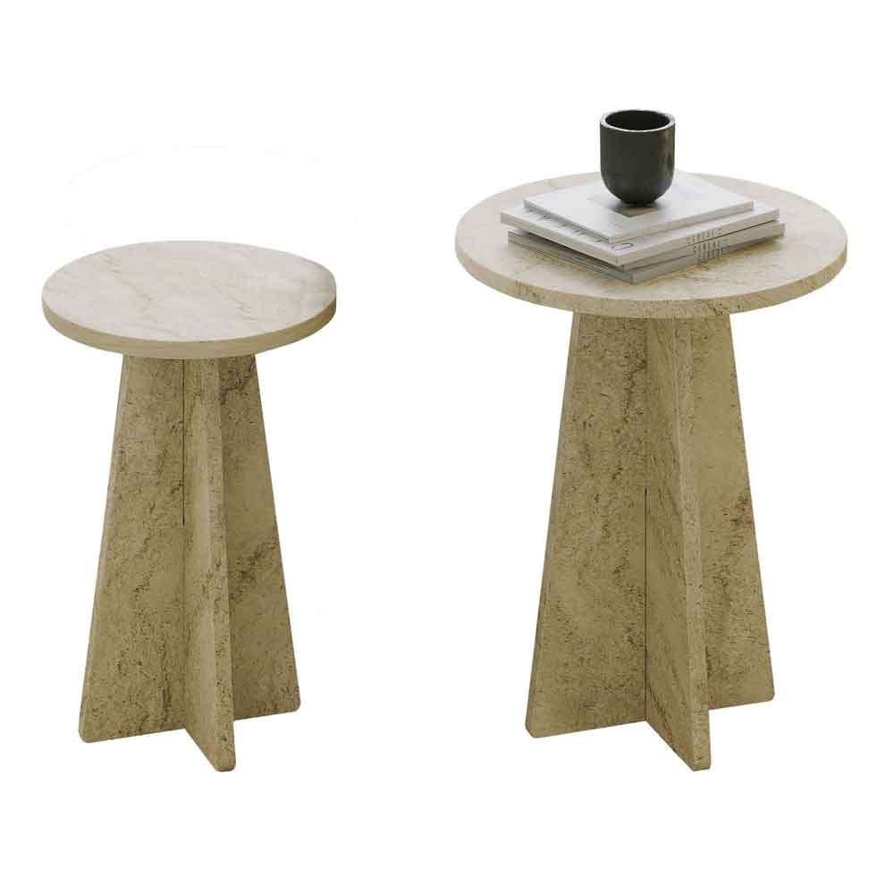 Mushroom Round Wooden Nesting Side Tables in Travertine Marble Effect