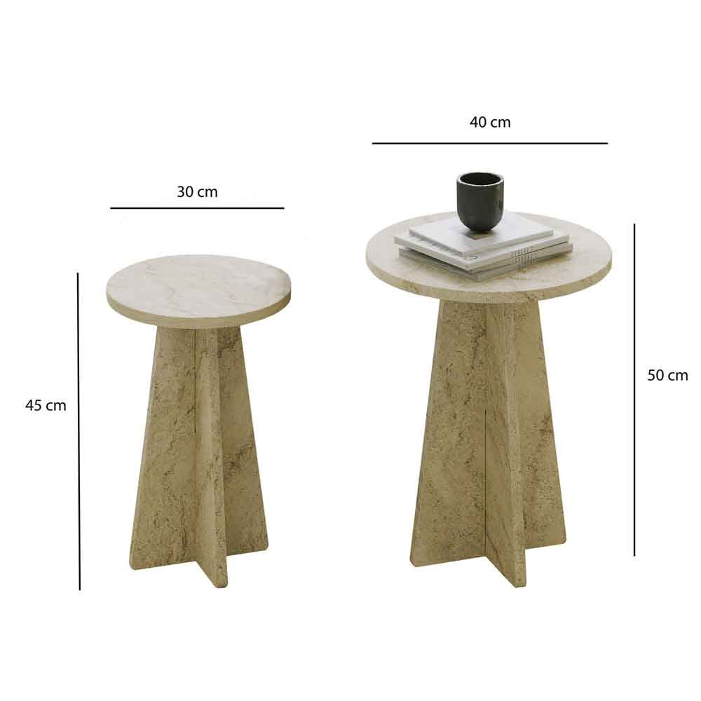 Mushroom Round Wooden Nesting Side Tables in Travertine Marble Effect