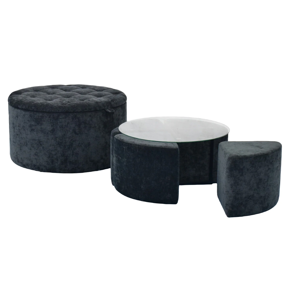 Myrion Clear Tempered Glass Top Coffee Table Set with 4 Fabric Stools in Black