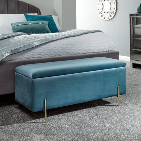 Read more about Mullion fabric upholstered ottoman storage bench in teal