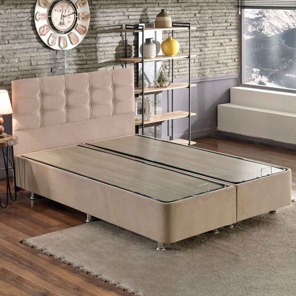 Myzel Fabric Ottoman Storage Double Bed in Light Brown