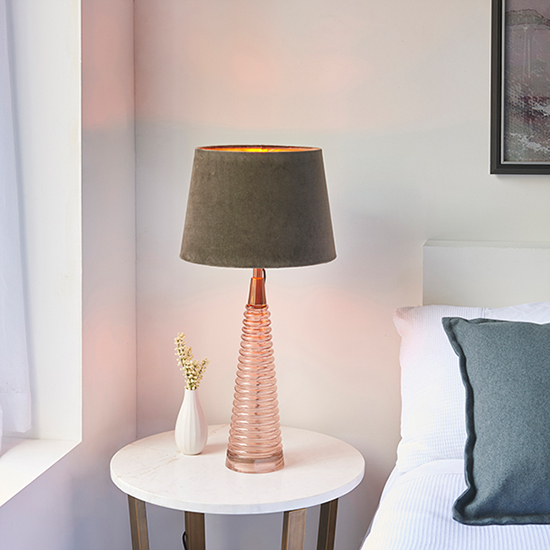 Photo of Naia mocca velvet shade table lamp in rose pink ribbed glass