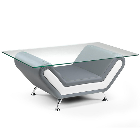 Product photograph of Naila Glass Coffee Table With White Grey Faux Leather Base from Furniture in Fashion