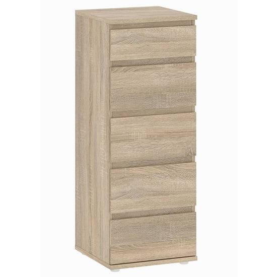 Photo of Naira narrow wooden chest of drawers in oak with 5 drawers
