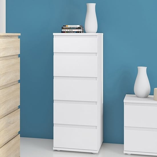 Photo of Naira narrow wooden chest of drawers in white with 5 drawers
