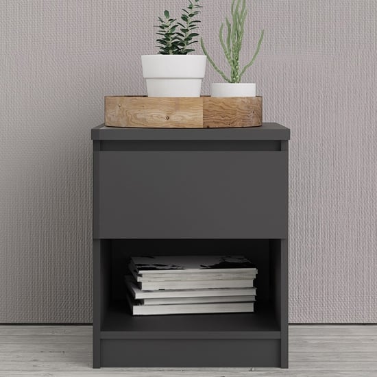 Read more about Nakou wooden bedside cabinet with 1 drawer in matt black