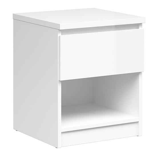 Product photograph of Nakou 1 Drawer 1 Shelf Bedside Cabinet In White High Gloss from Furniture in Fashion