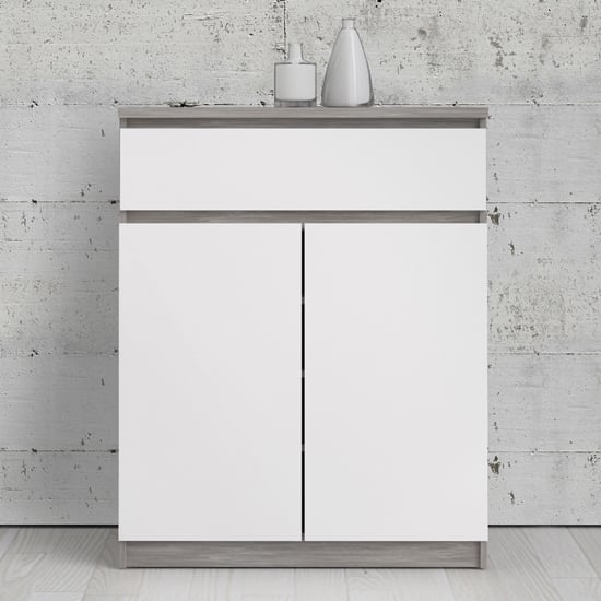 Read more about Nakou 2 door 1 drawer sideboard in concrete and white high gloss