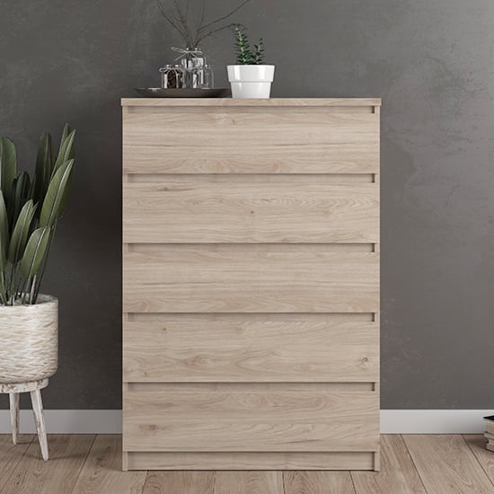 Product photograph of Nakou Wooden Chest Of 5 Drawers In Jackson Hickory Oak from Furniture in Fashion