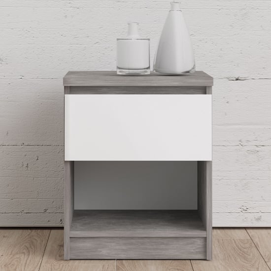 Read more about Nakou gloss 1 drawer 1 shelf bedside cabinet in concrete white