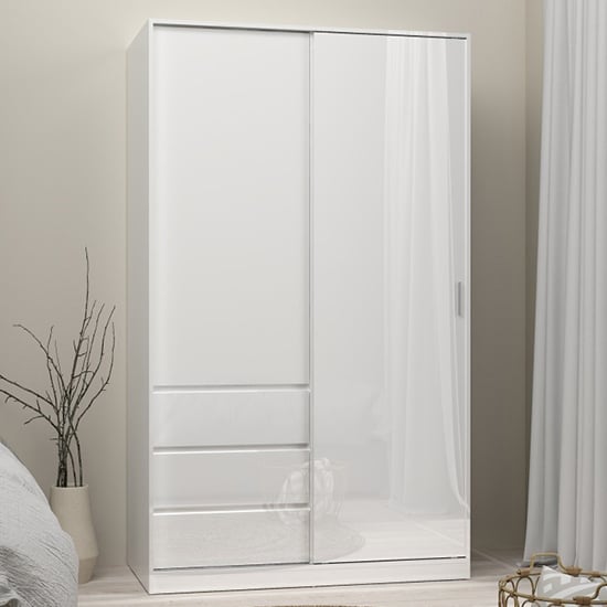 Nakou High Gloss Sliding Wardrobe 2 Doors 3 Drawers In White