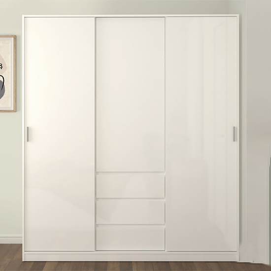 Product photograph of Nakou High Gloss Sliding Wardrobe 3 Doors 3 Drawers In White from Furniture in Fashion