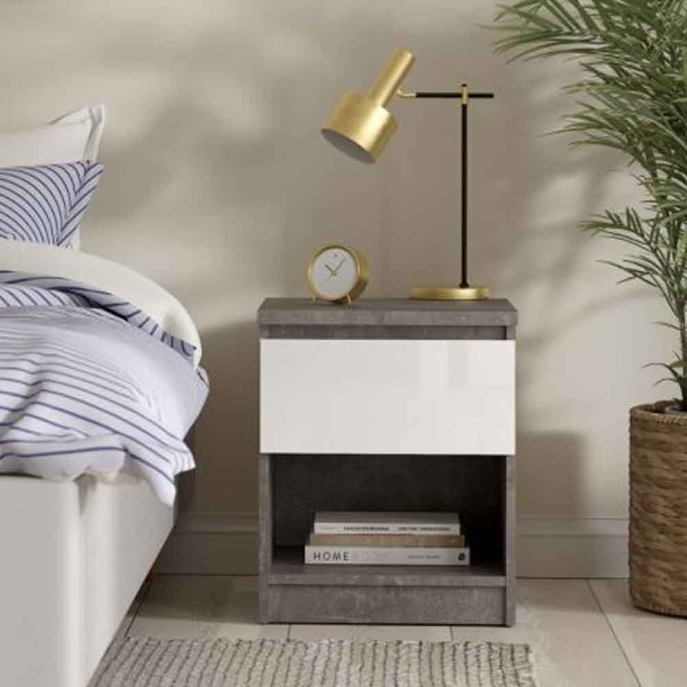 Nakou High Gloss Bedside Cabinet With 1 Door In Concrete And White