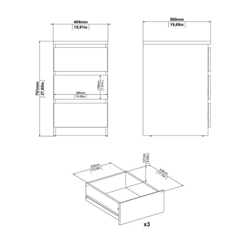 Nakou High Gloss Bedside Cabinet With 3 Drawers In White