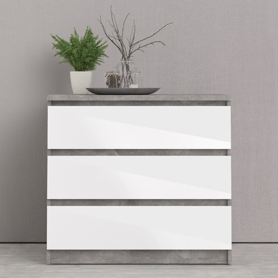 Photo of Nakou high gloss chest of 3 drawers in concrete and white