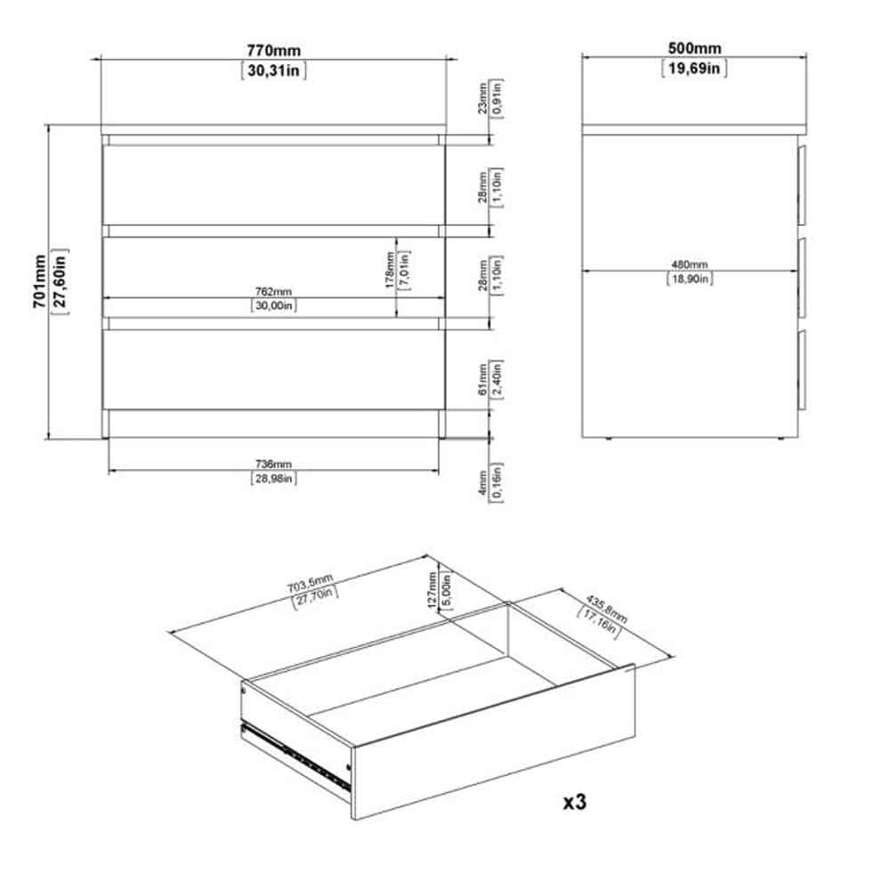 Nakou High Gloss Chest Of 3 Drawers In Concrete And White
