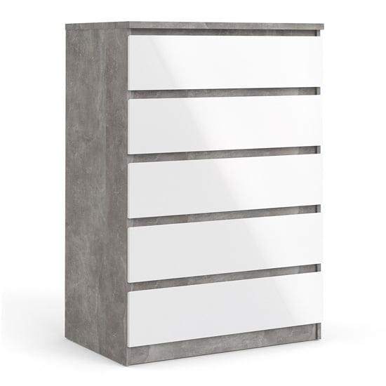 Nakou High Gloss Chest Of 5 Drawers In Concrete And White_3